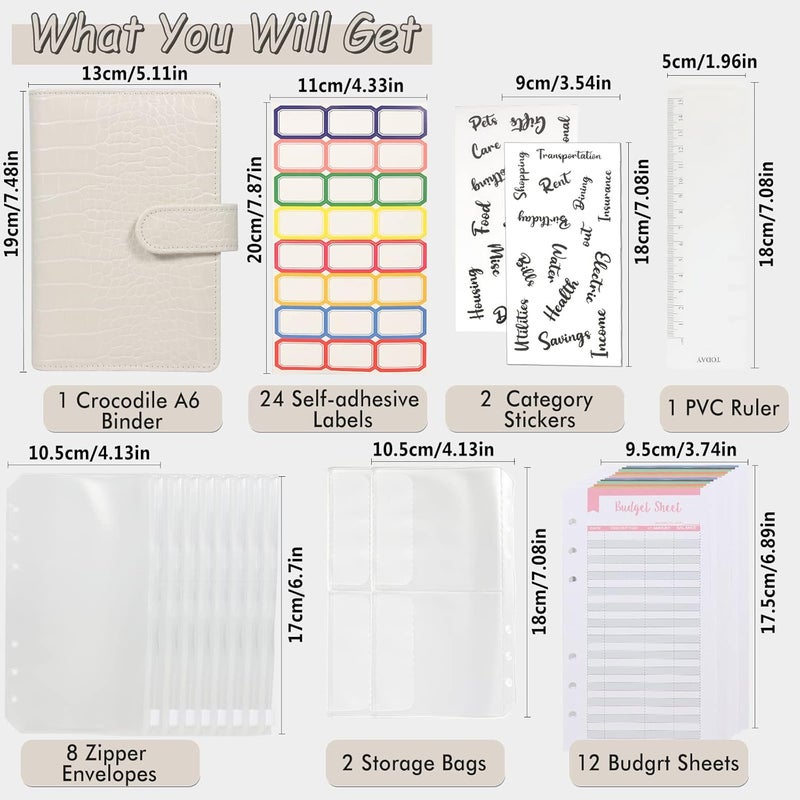 eleger Budget Binder with Zipper Envelopes - Crocodile Pattern Leather Money Organizer, Cash Saving Book Budgeting Planner, cash stuffing folder envelope system, A6 Bill Binders with Pockets, Beige - Image 4